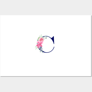 Watercolor Floral Letter C in Navy Posters and Art